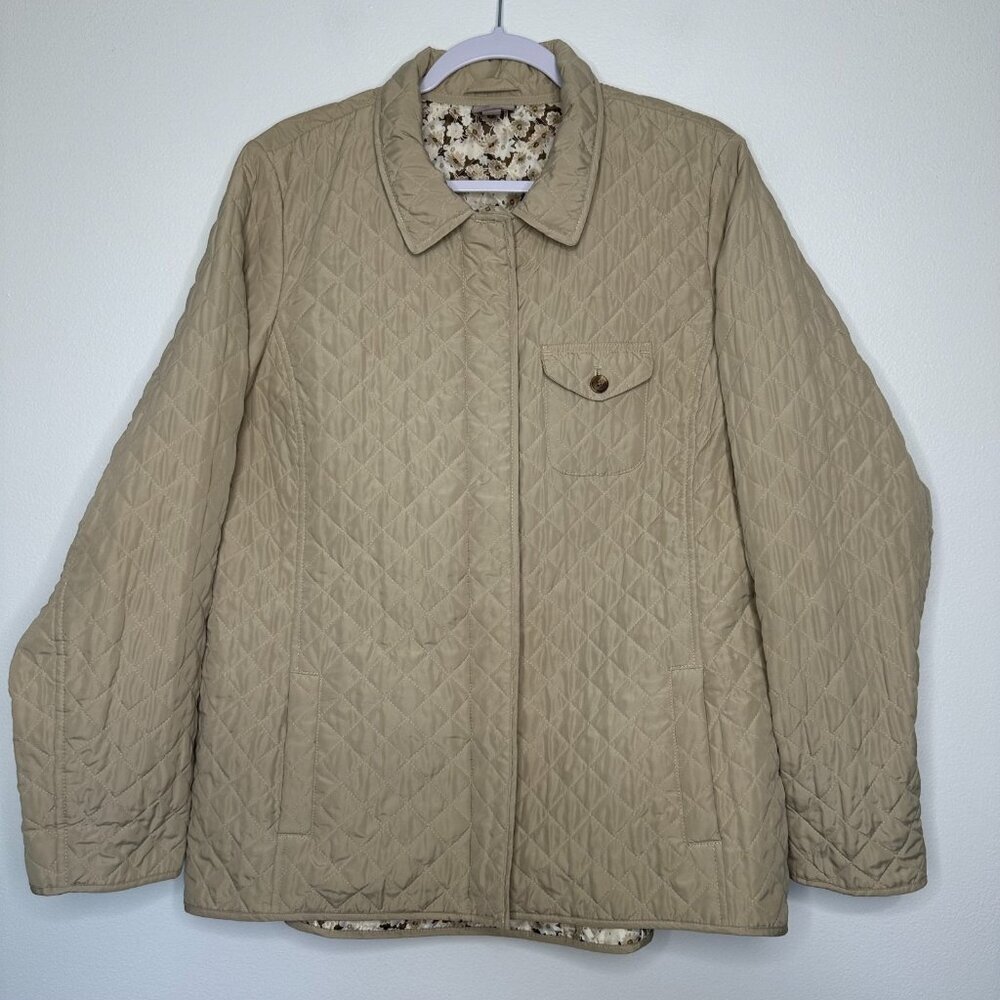 J Jill Quilted Full Zip Jacket Size L Tan Pockets Fall‎ Outdoor Classic
